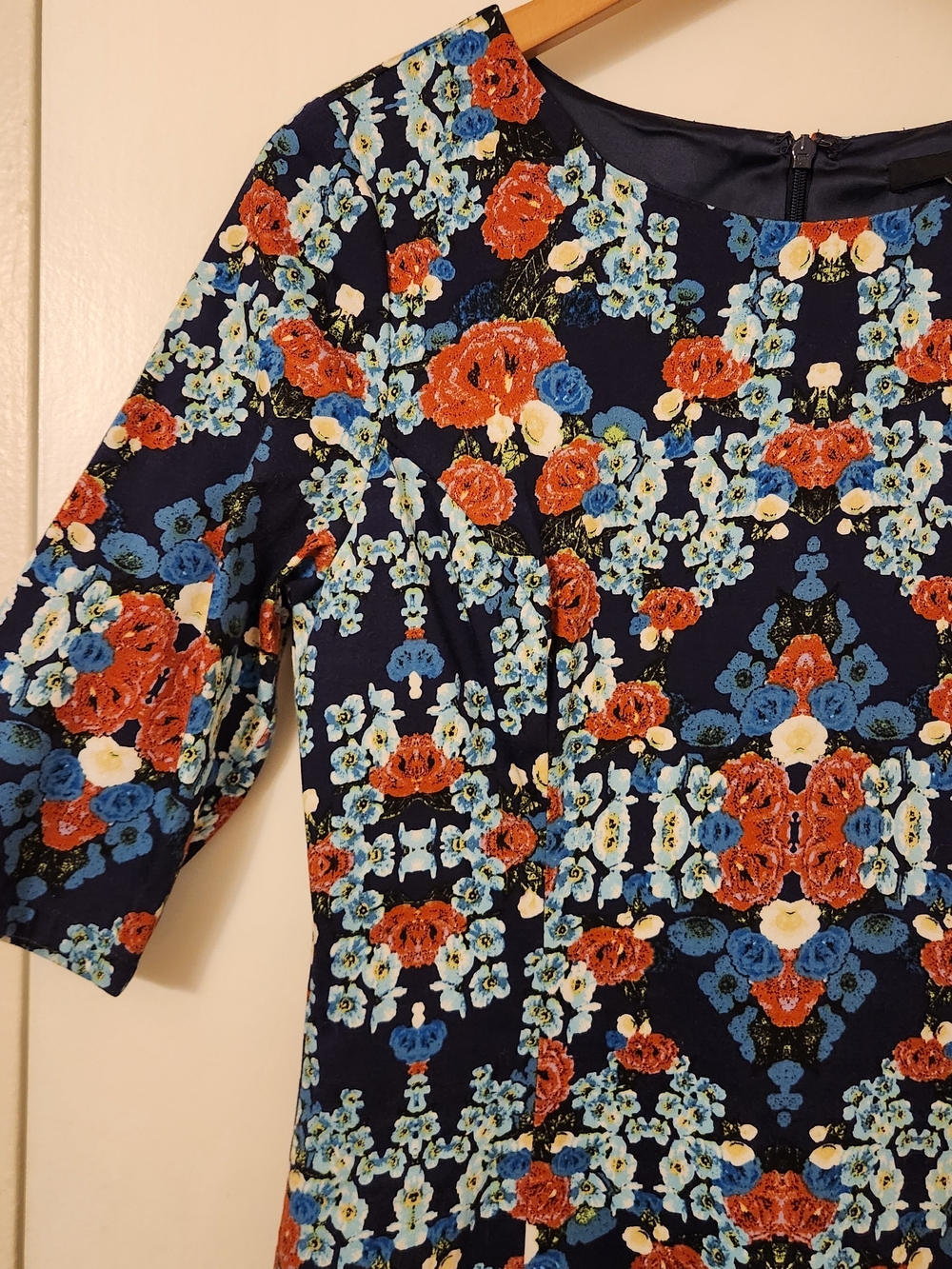 Ladakh Navy Floral Dress with Red, Blue & Cream Blooms